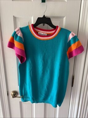 Teal Futter Sleeve Sweater with Colorblock Pink & Orange Sleeves